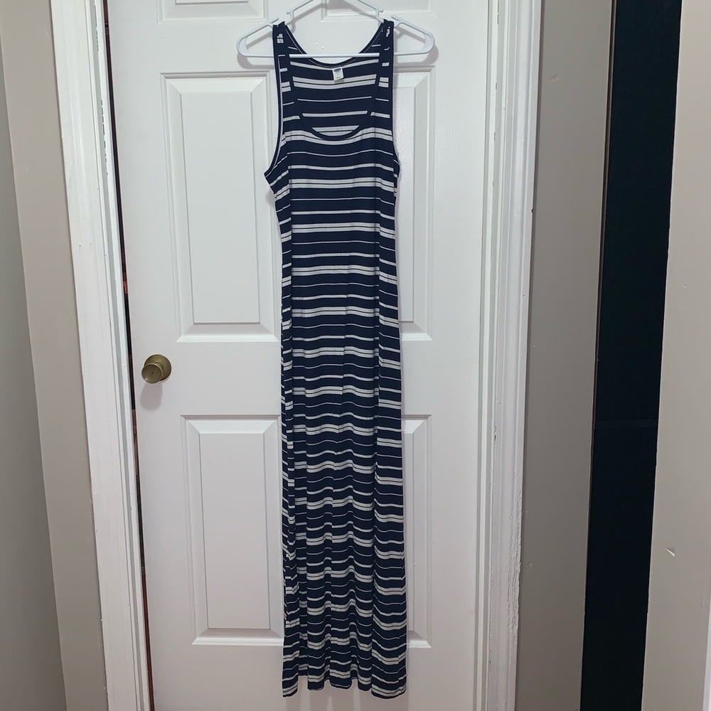 White and Navy Striped Maxi Dress